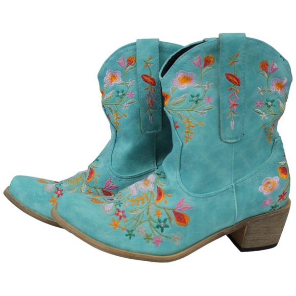 Balajoy 7.5 Blue Cowgirl Embroidery Ankle Boots Floral Western Boho Slipon Comfy - Picture 13 of 16